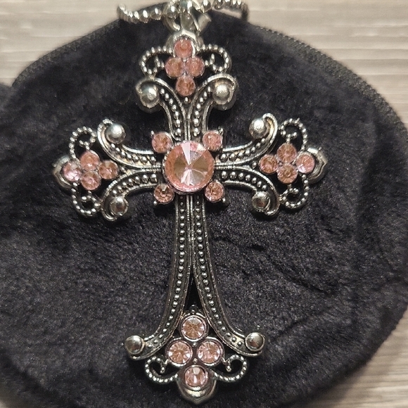 Pink Crystal Cross Pendant Necklace - Women Jewelry - Picture 5 of 5